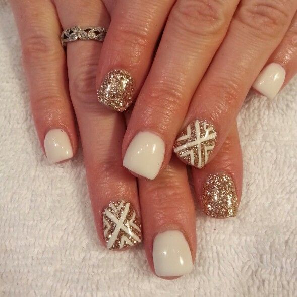 Gold Glitter Gel Nails
 White gel gold glitter nails Inspired by Ashley Tisdalel
