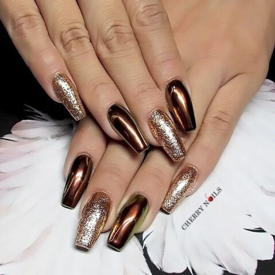 Gold Glitter Gel Nails
 Awesome brown gel nails with gold glitter LadyStyle