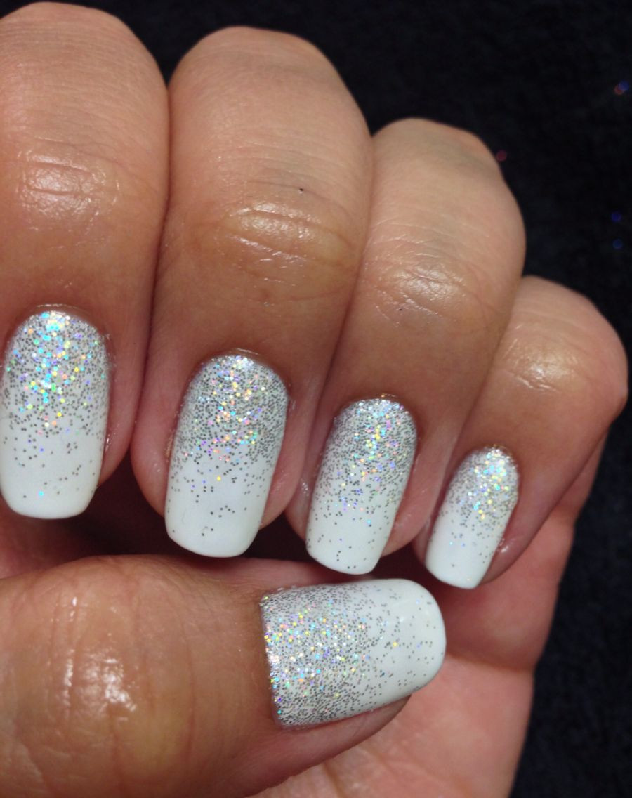 Gold Glitter Gel Nails
 White sparkly glitter shellac gel nails gelish