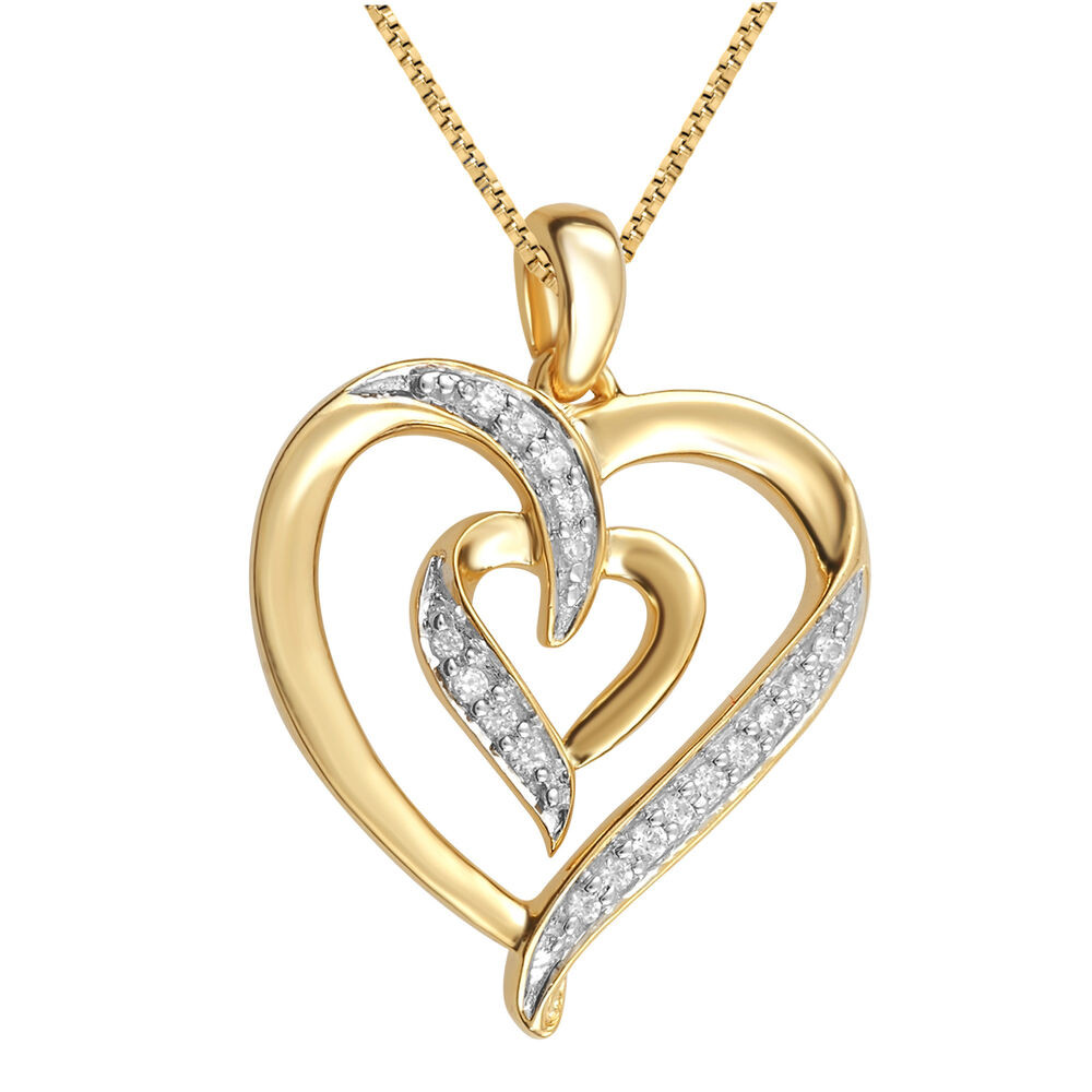 Gold Heart Necklace With Diamonds
 Yellow Gold Plated Brass Dual Heart Pendant Necklace with