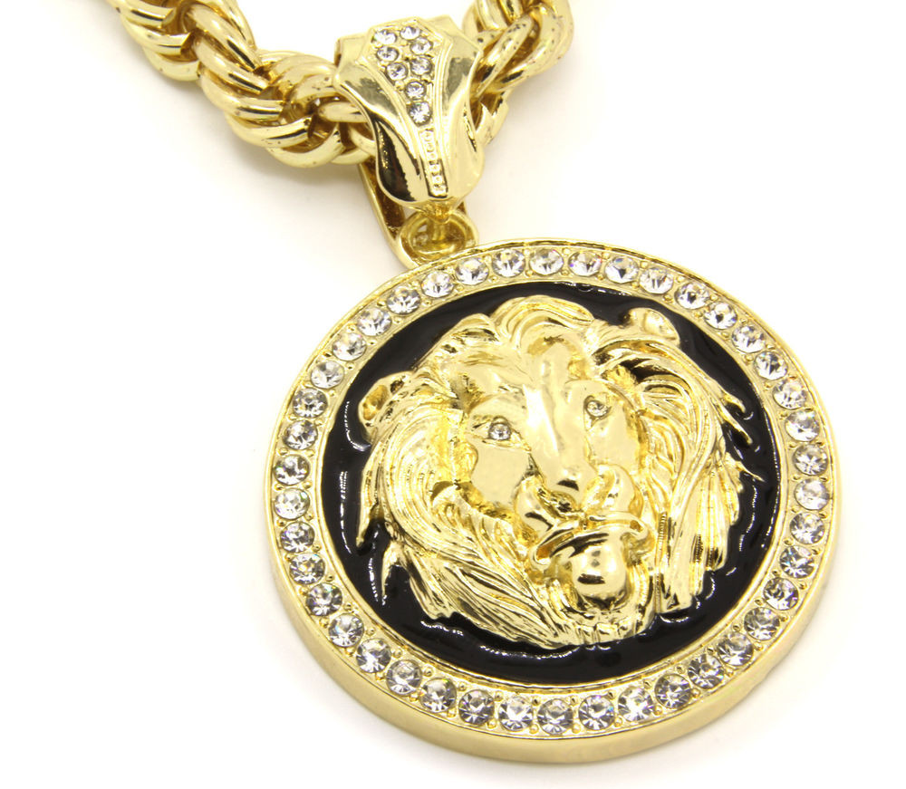 Gold Lion Necklace
 Mens Gold Plated with Black Lion Face Iced Out Pendant 30