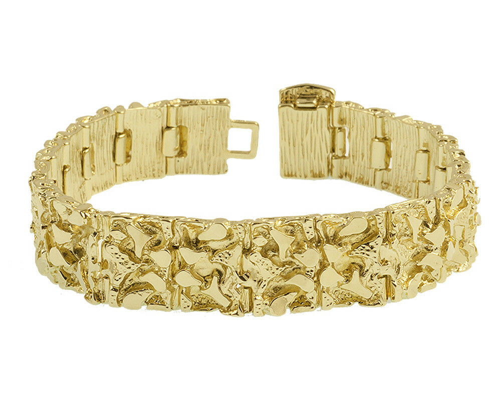Gold Nugget Bracelet
 18K Gold Plated Nug Bracelet 15 Mm Wide Made In USA