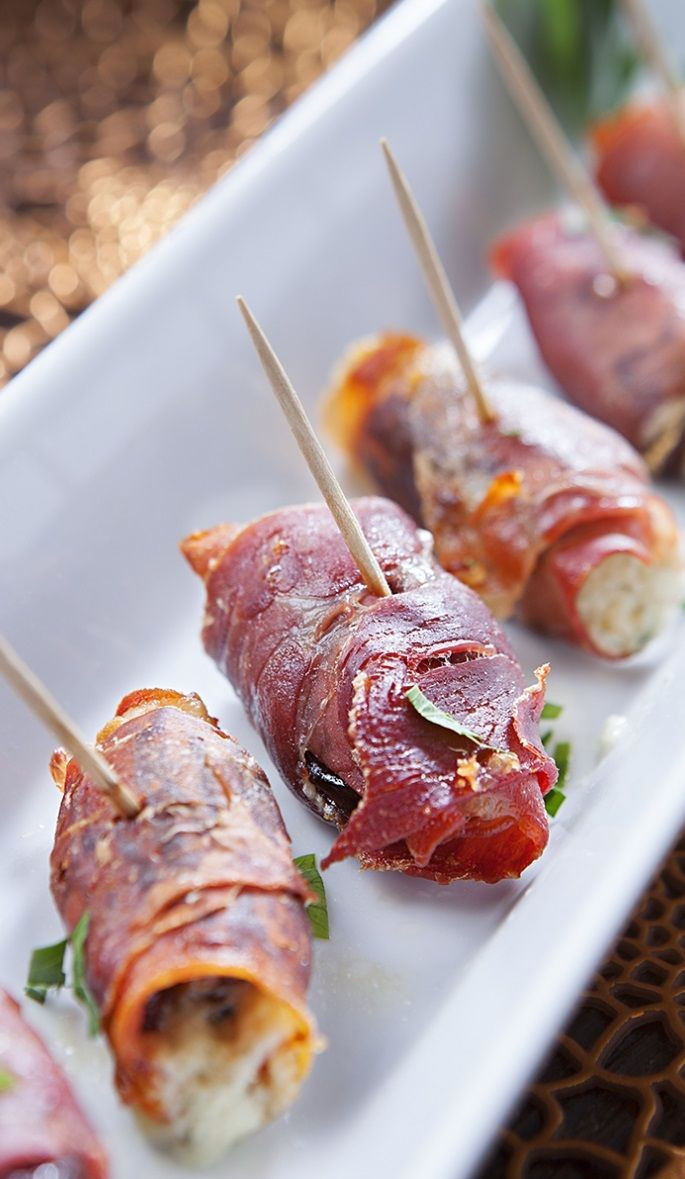 Gourmet Cold Appetizers
 oven baked prosciutto wrapped dates change out cheese