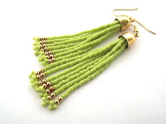 Green Tassel Earrings
 Lime green dangle earrings green tassel earrings seed bead