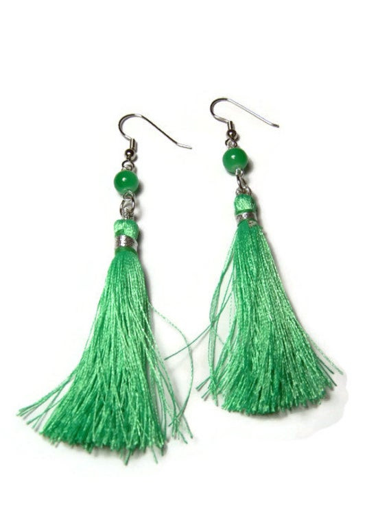 Green Tassel Earrings
 Green Silk Tassel Earrings