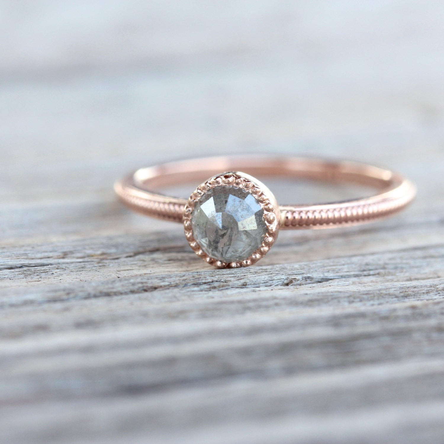 Grey Diamond Engagement Rings
 Rose Cut Gray Diamond Engagement Ring 14K Rose Gold Milgrain