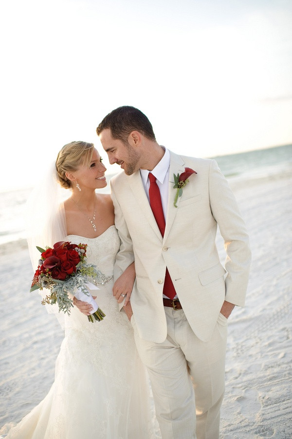 Groom Beach Wedding Attire
 Picture a creamy suit a white shirt a red tie and a