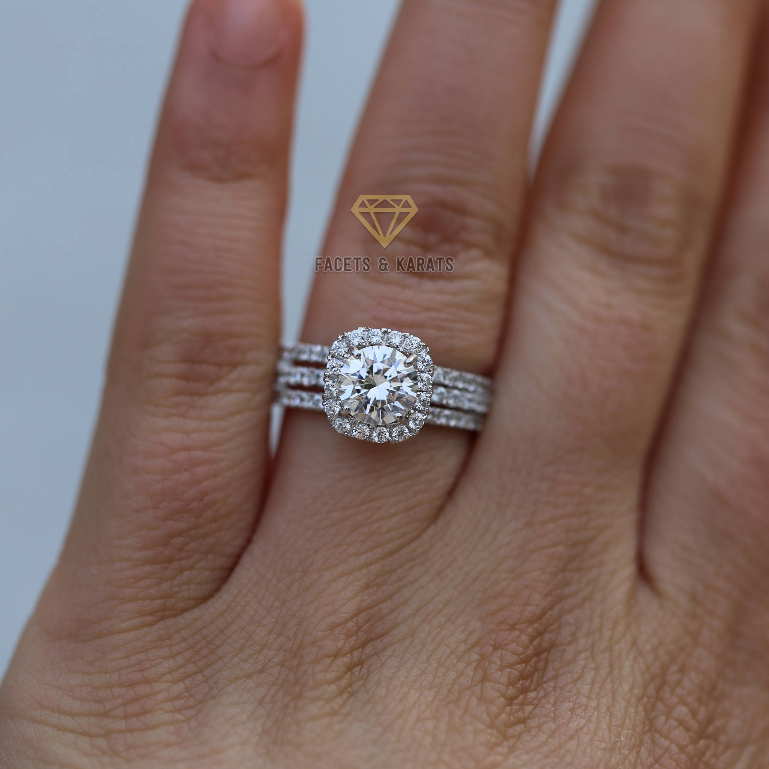 Halo Wedding Ring Sets
 Halo Engagement Ring Set 18K Solid White Gold 3 Carat