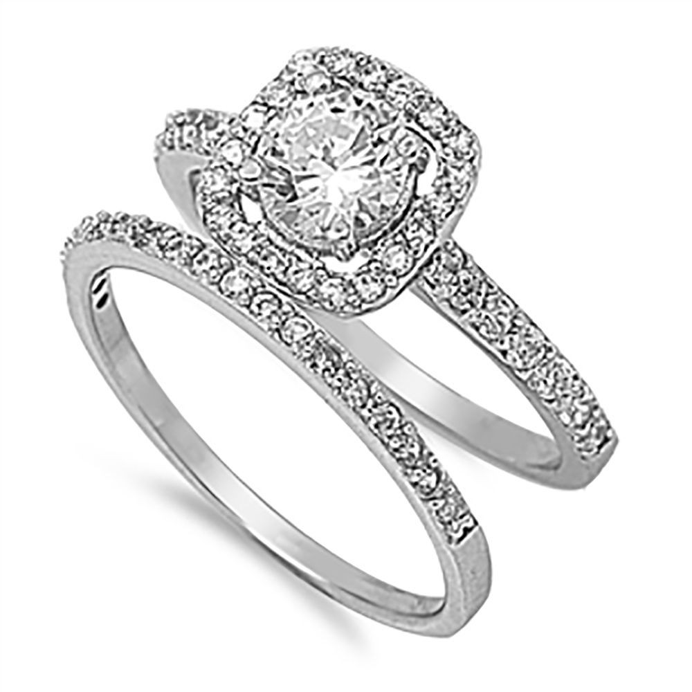 Halo Wedding Ring Sets
 Sterling Silver 925 Round CZ Halo Pave Engagement Ring