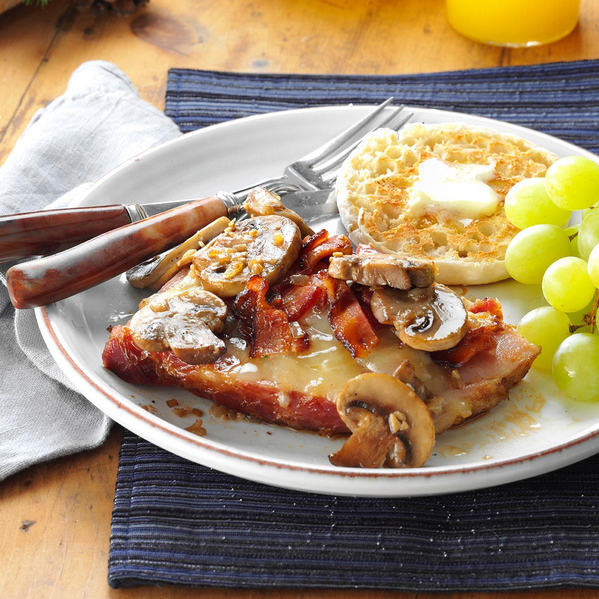 Ham Steak Dinner Ideas
 Ham Steaks with Gruyere Bacon & Mushrooms Recipe