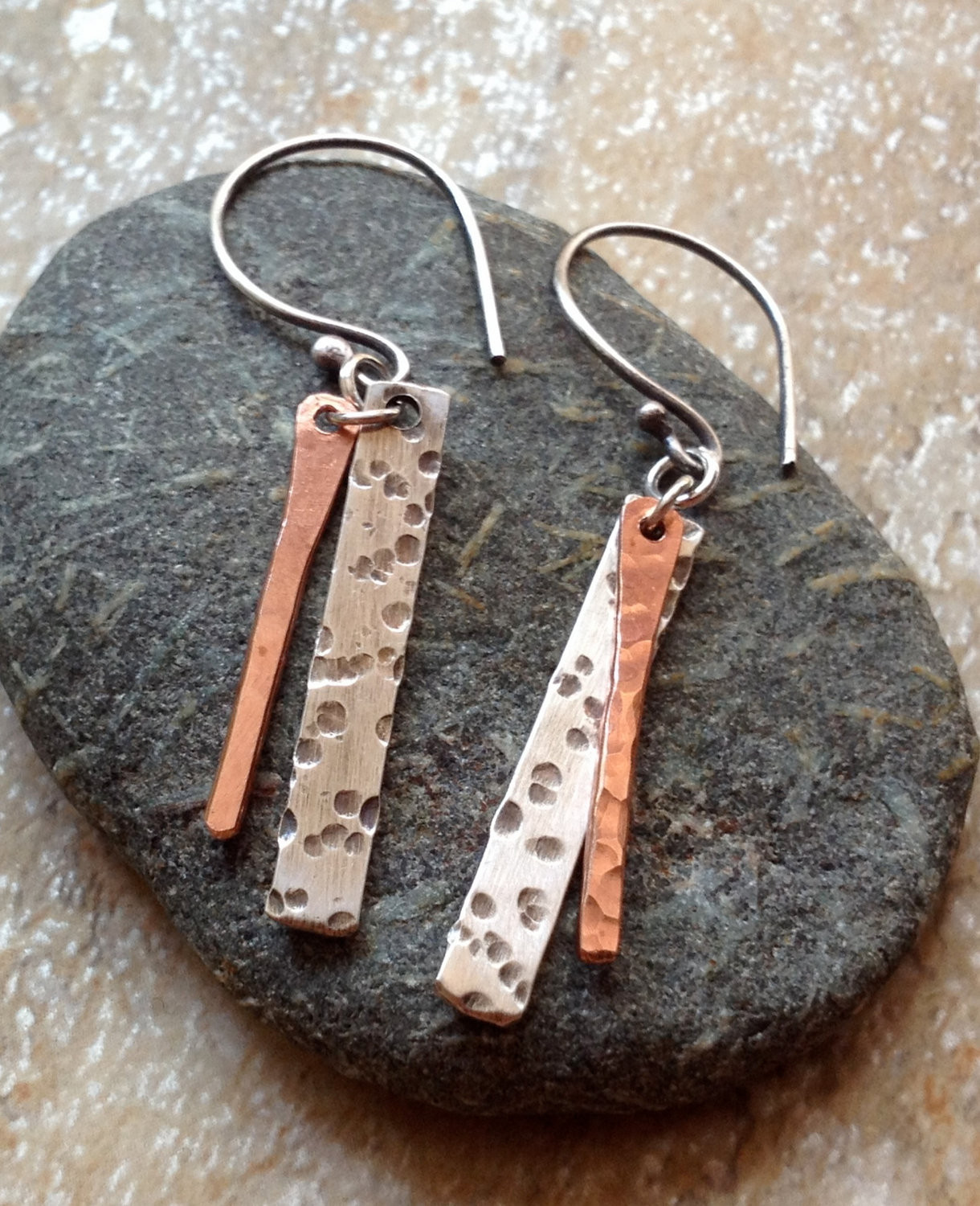 Handmade Copper Earrings
 Hand forged mixed metal earrings silver and copper dangles