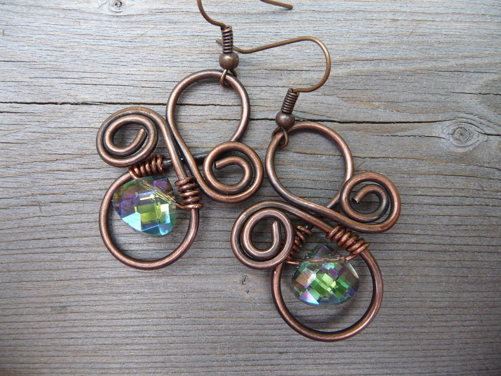 Handmade Copper Earrings
 Wire Wrapped Jewelry Handmade Copper and Green Beads Earrings
