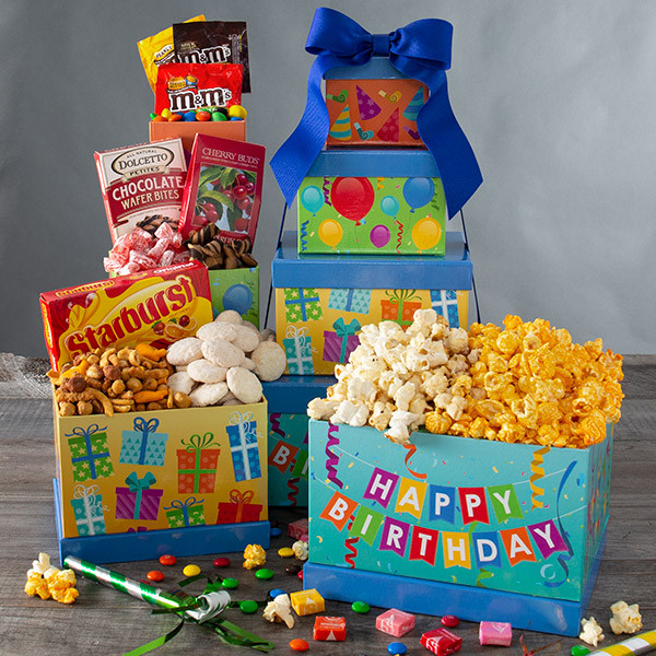 Happy Birthday Gifts
 Happy Birthday Gift Tower by GourmetGiftBaskets