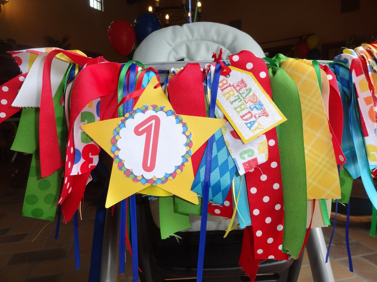 High Chair Birthday Decorations
 Primary Color ribbon high chair banner photo prop party