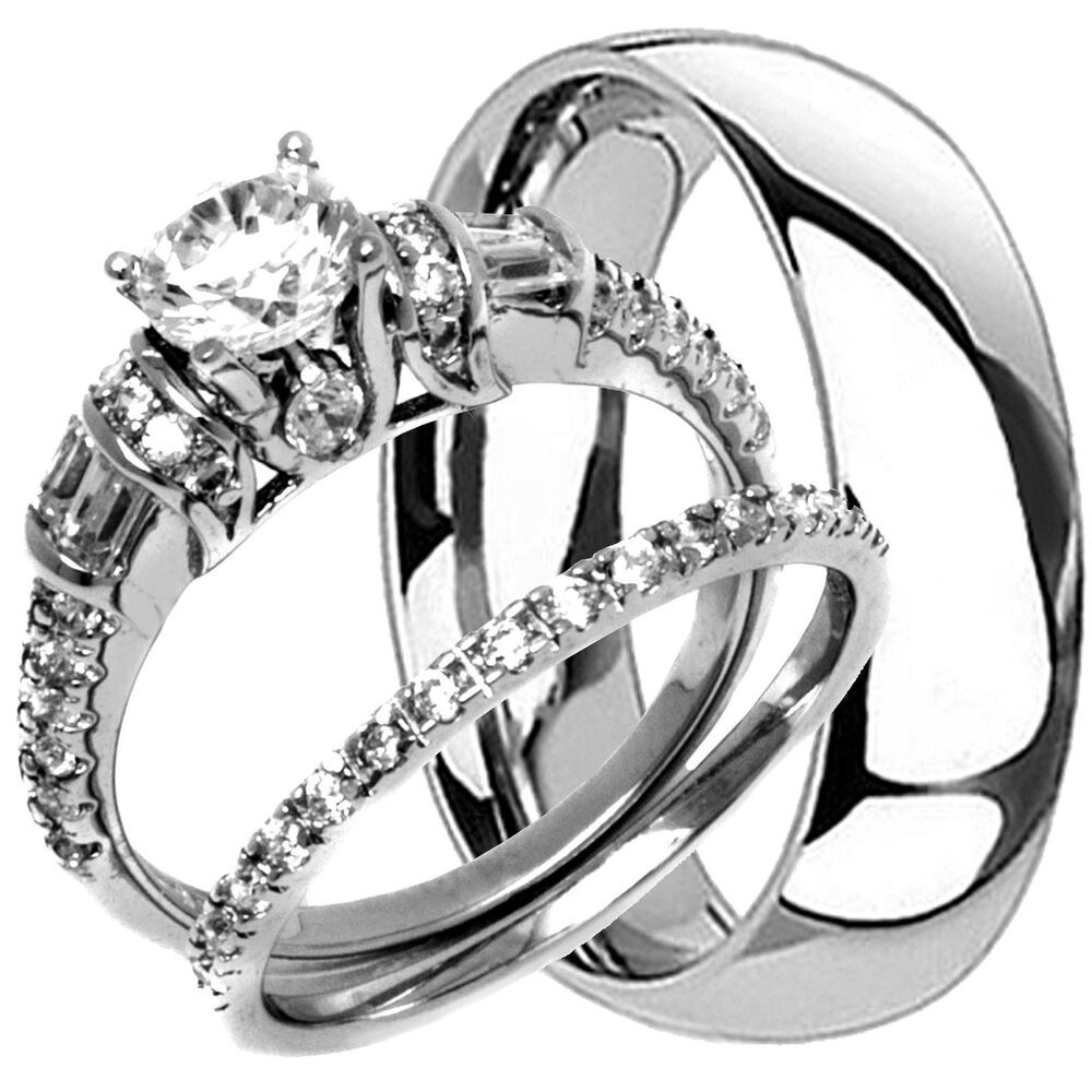 His Hers Wedding Rings Sets
 TITANIUM Mens Band and 2 pc Womens Engagement Wedding CZ