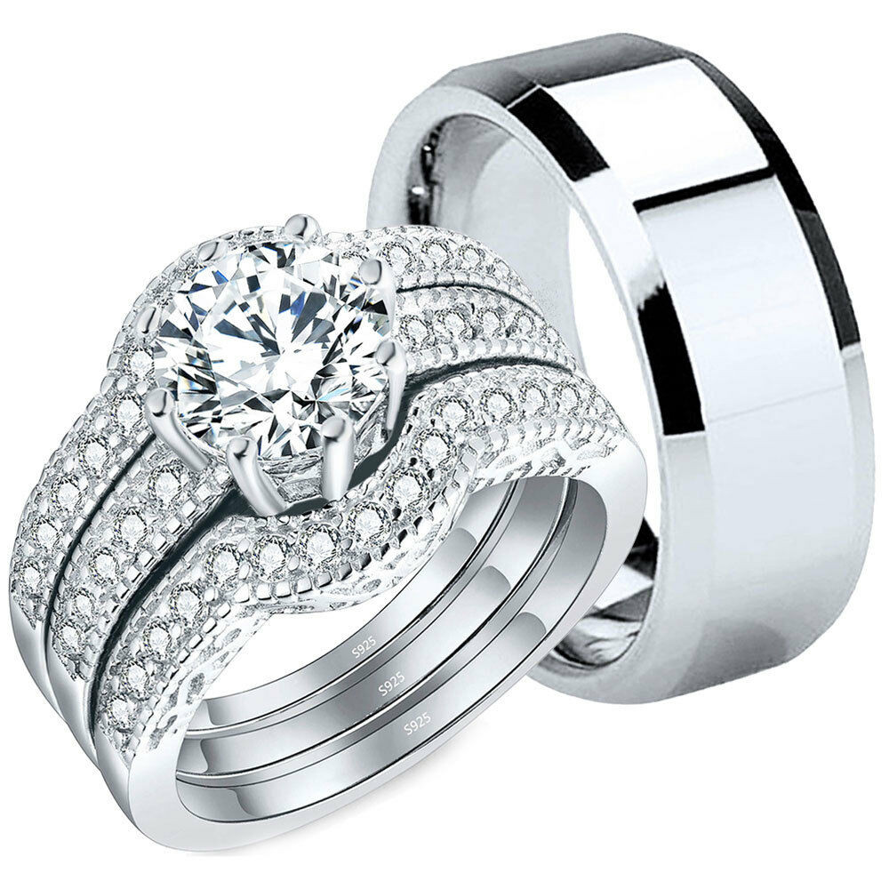 His Hers Wedding Rings Sets
 4 Pcs His Tungsten Hers Sterling Silver CZ Wedding