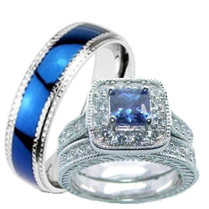 His Hers Wedding Rings Sets
 His Hers Blue & Clear Cz Wedding Ring Set Sterling Silver