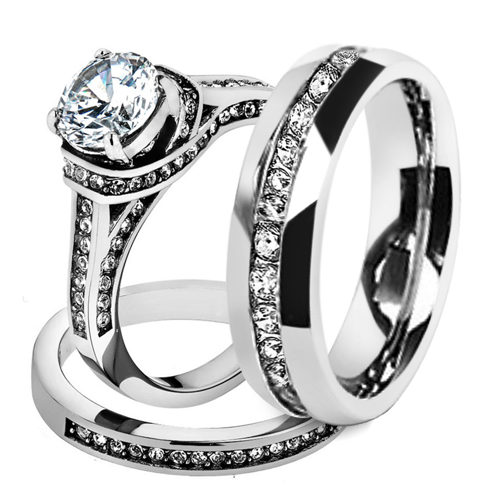 His Hers Wedding Rings Sets
 ST1919 ARH1570 His & Hers Stainless Steel 3 Piece Cz