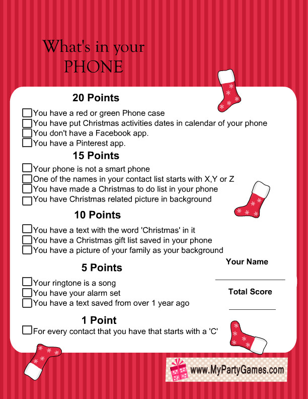 Holiday Office Party Game Ideas
 What’s in you Phone Free Printable Christmas Game