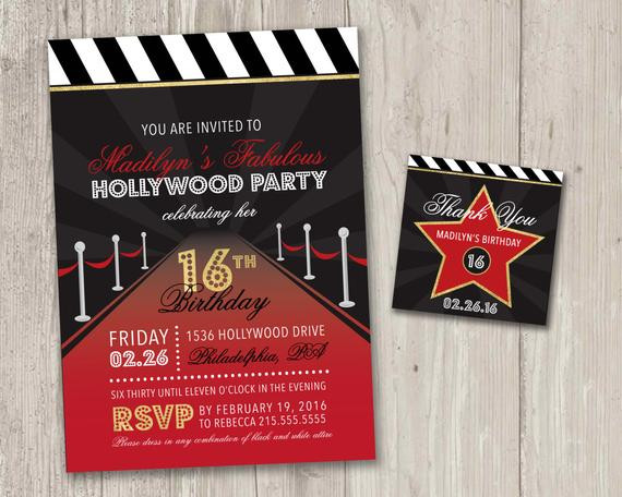 Hollywood Birthday Party Invitations
 Hollywood Party Invitation Movie Night Sweet Sixteen