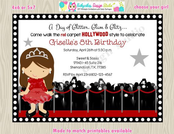Hollywood Birthday Party Invitations
 Hollywood diva red carpet birthday party invitation invite