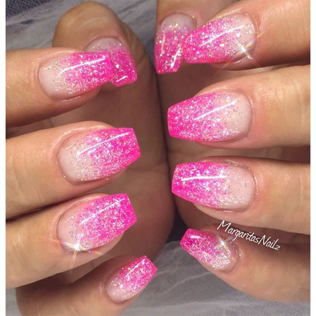 Hot Pink Nails With Glitter
 100 best Gel nails designs images on Pinterest