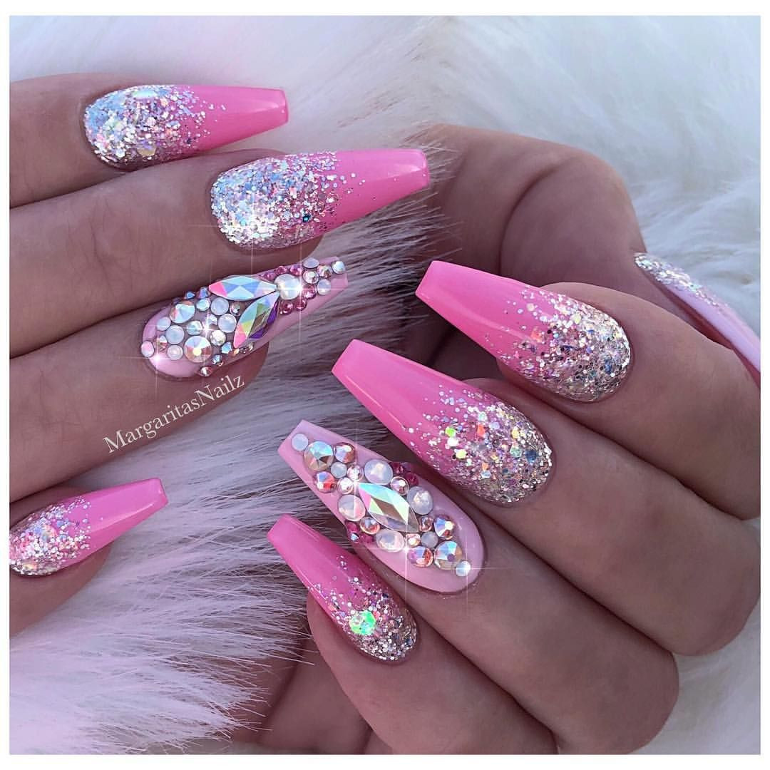 Hot Pink Nails With Glitter
 Pink coffin nails Silver glitter ombré Bling nail art