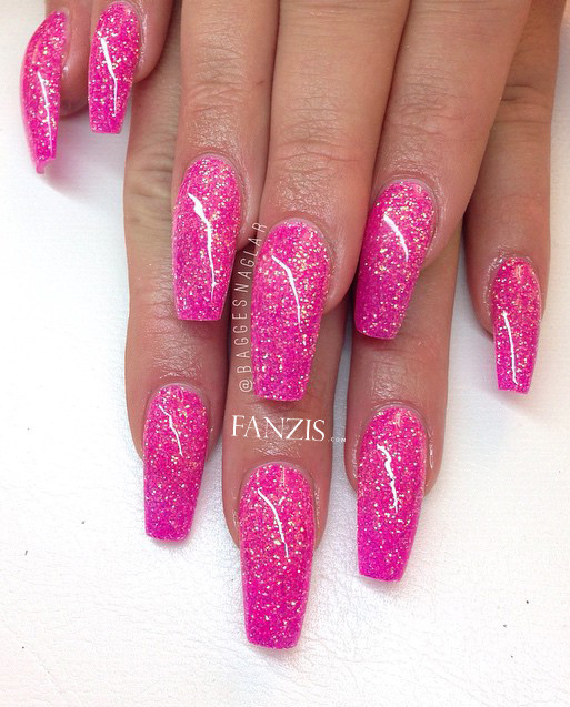 Hot Pink Nails With Glitter
 neon pink glitter nails in 2019