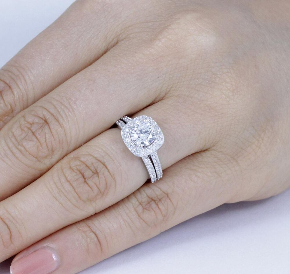 How To Wear Engagement Ring And Wedding Band
 925 Sterling Silver Cz Halo Wedding Band Engagement Rings