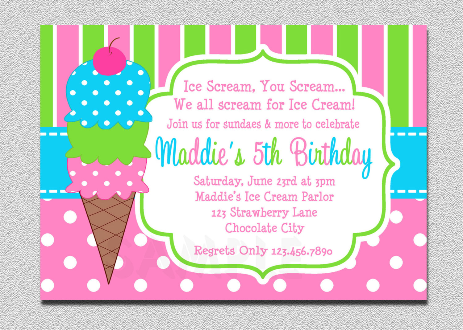 Ice Cream Birthday Party Invitations
 Ice Cream Birthday Invitations Pink and Green Ice Cream