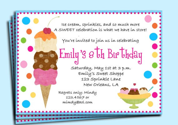 Ice Cream Birthday Party Invitations
 Ice Cream Birthday Party Invitation Printable or Printed with