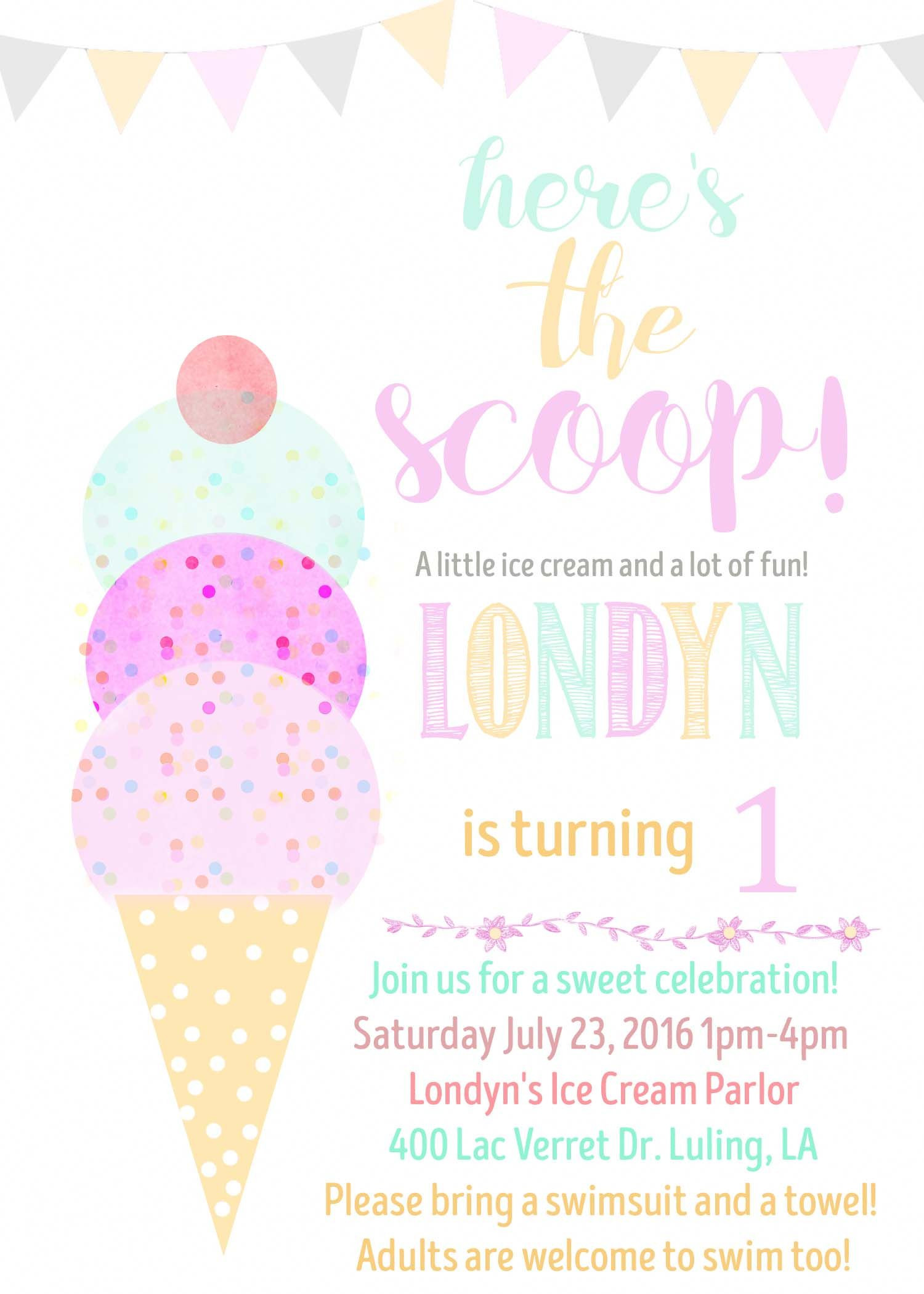 Ice Cream Birthday Party Invitations
 Ice cream birthday invitation water color ice cream cone