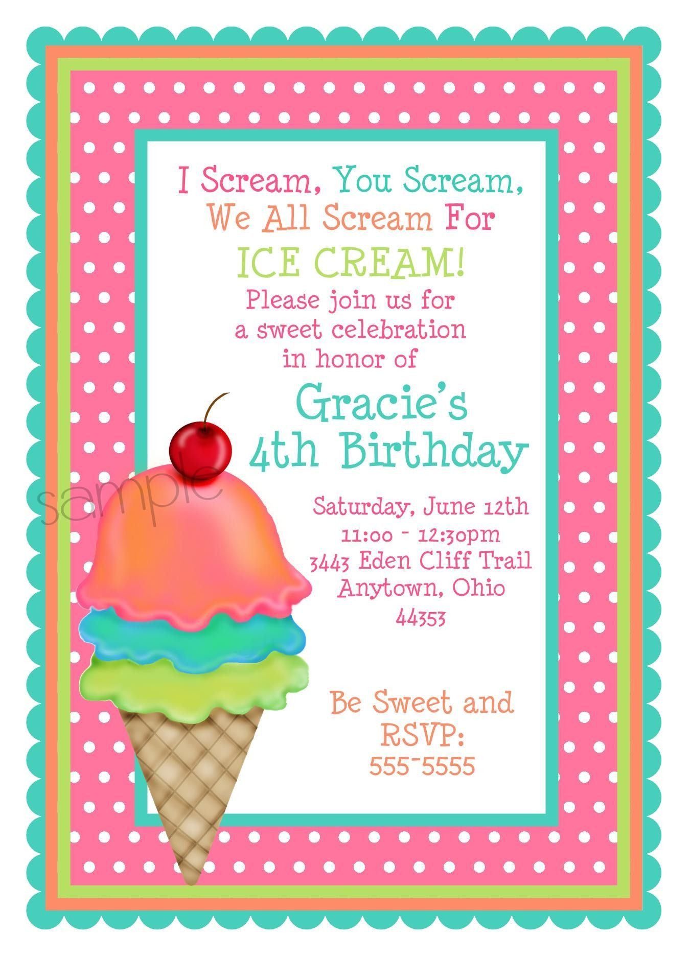 Ice Cream Birthday Party Invitations
 Ice Cream Invitations Ice Cream Cone invitations Ice