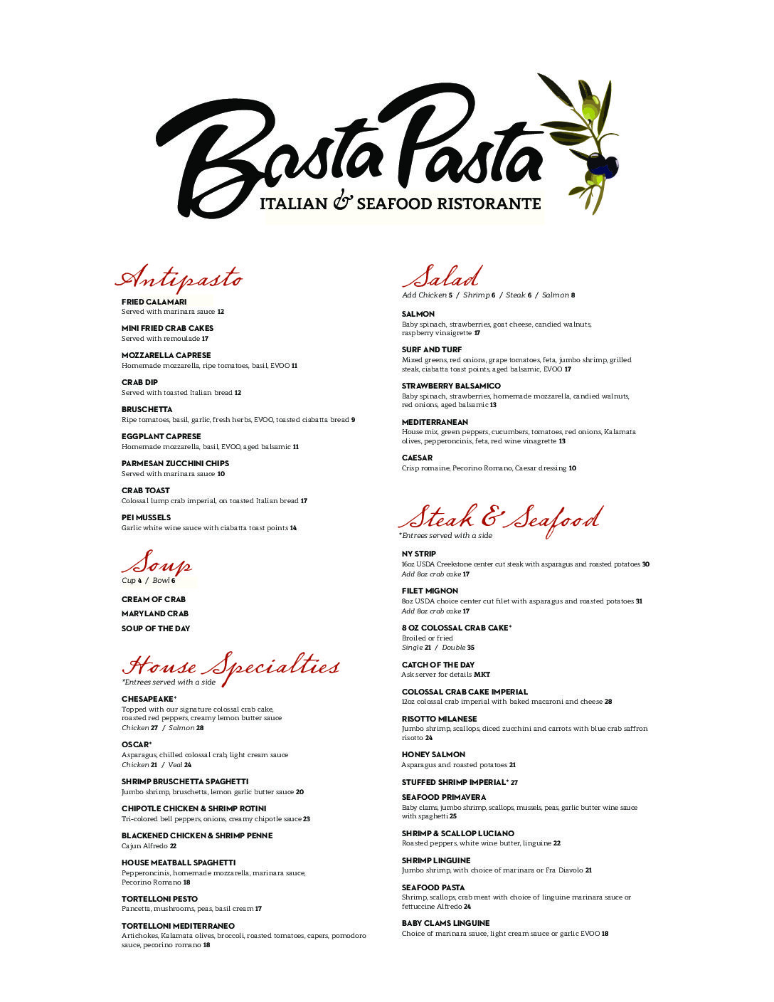Italian Dinner Menu
 Dinner Menu for Basta Pasta in Timonium MD
