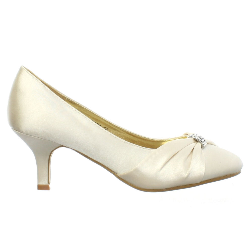 Ivory Kitten Heel Wedding Shoes
 WOMENS LOW KITTEN HEEL BRIDAL WEDDING IVORY SATIN DIAMANTE
