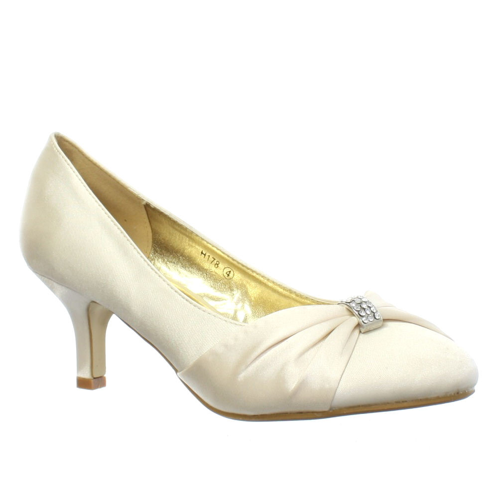 Ivory Kitten Heel Wedding Shoes
 WOMENS LOW KITTEN HEEL BRIDAL WEDDING IVORY SATIN DIAMANTE