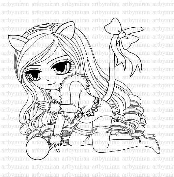 Kawaii Girls Coloring Pages
 Digital Digi Stamp Miss Kitty 12 Instant Download
