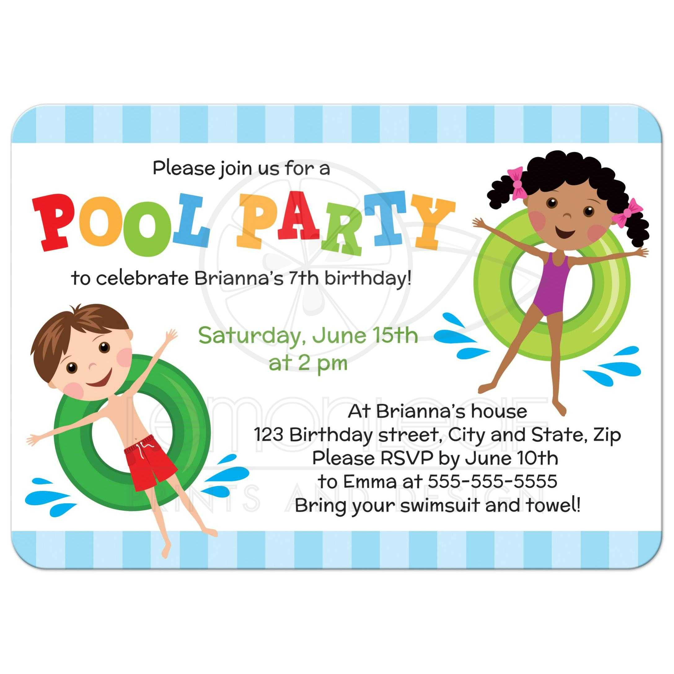 Kids Birthday Party Invitation
 Pool birthday party invitation for kids boy and girl on