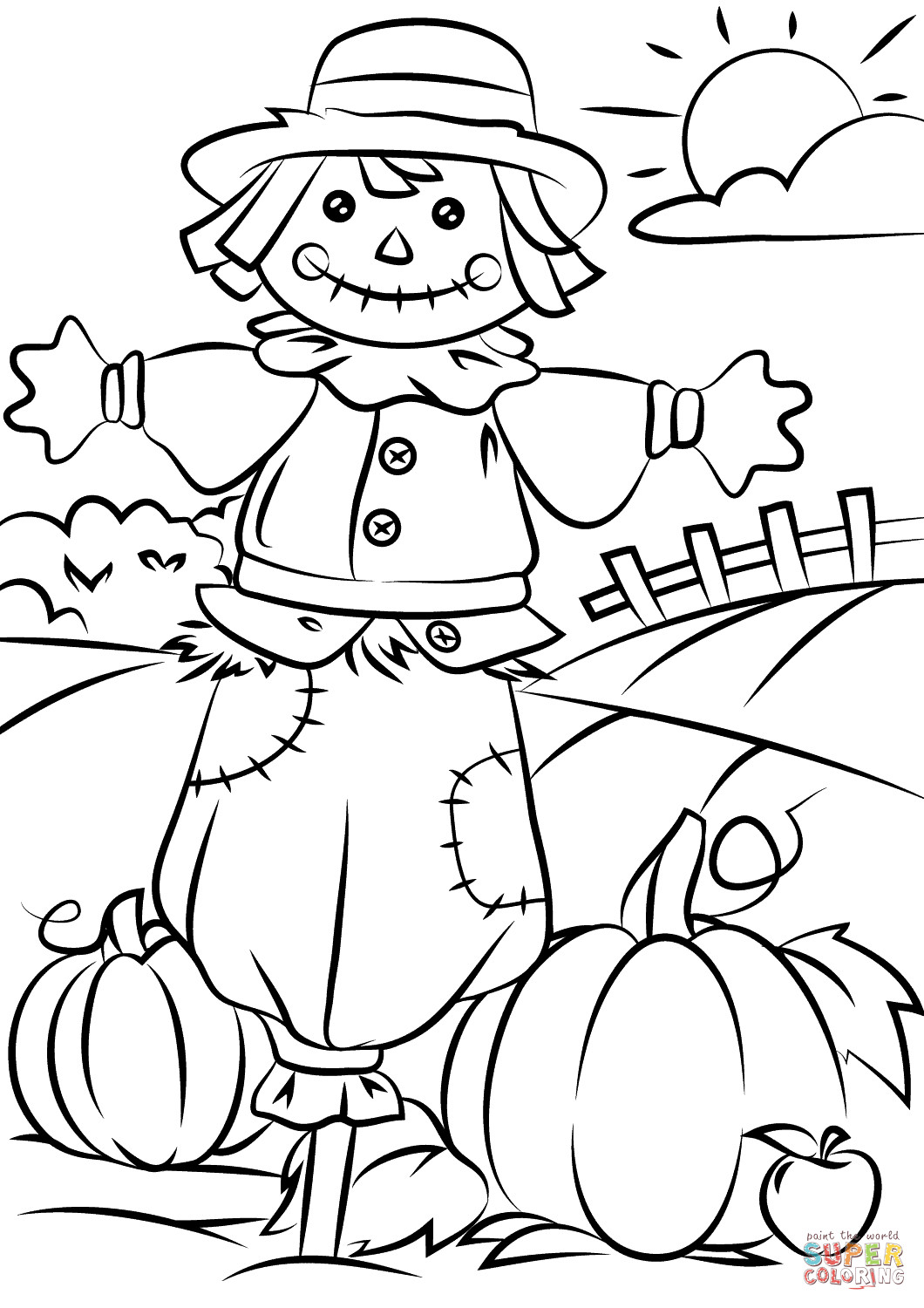 Kids Coloring Pages Fall
 Coloring Autumn Scene with Scarecrow Coloring Page Free