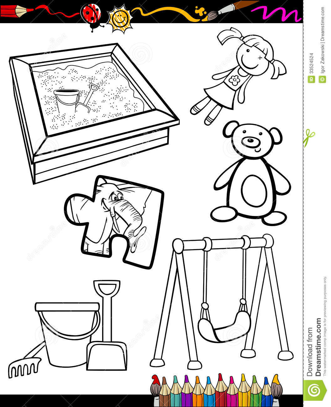 Kids Coloring Set
 Cartoon Toys Objects Coloring Page Stock Vector