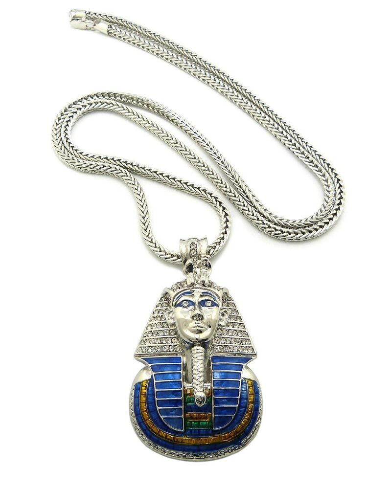 King Tut Necklace
 NEW ICED OUT KING TUT PHARAOH PENDANT & 4mm 36" FRANCO