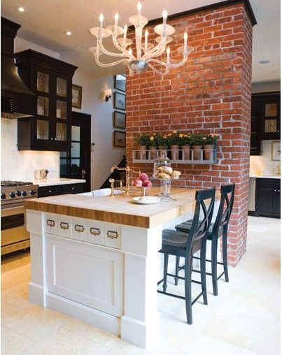 Kitchen Island Attached To Wall
 Limestone floors a butcher block topped island espresso