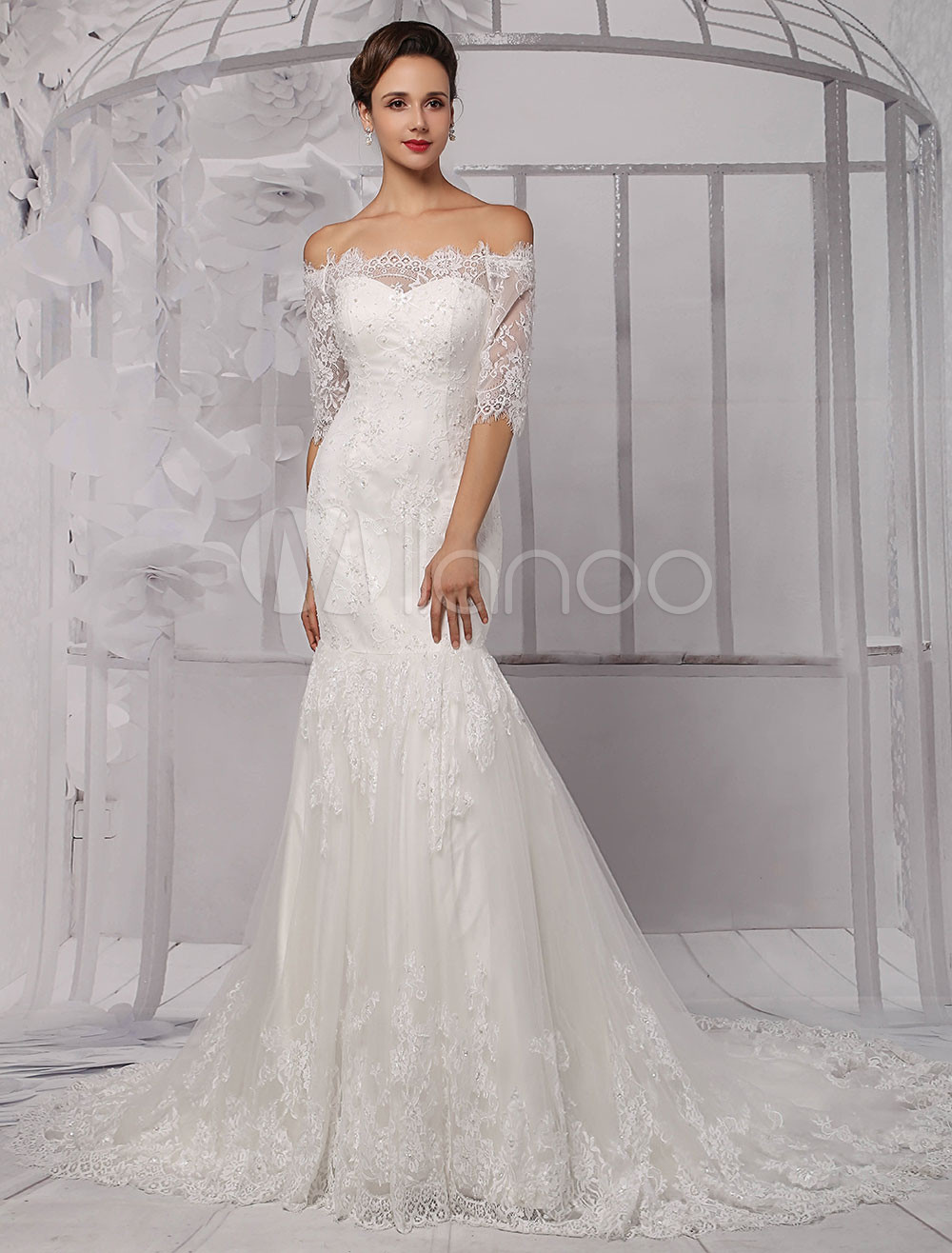 Lace Off The Shoulder Wedding Dress
 Half Sleeve f the Shoulder Lace Wedding Dress in Trumpet