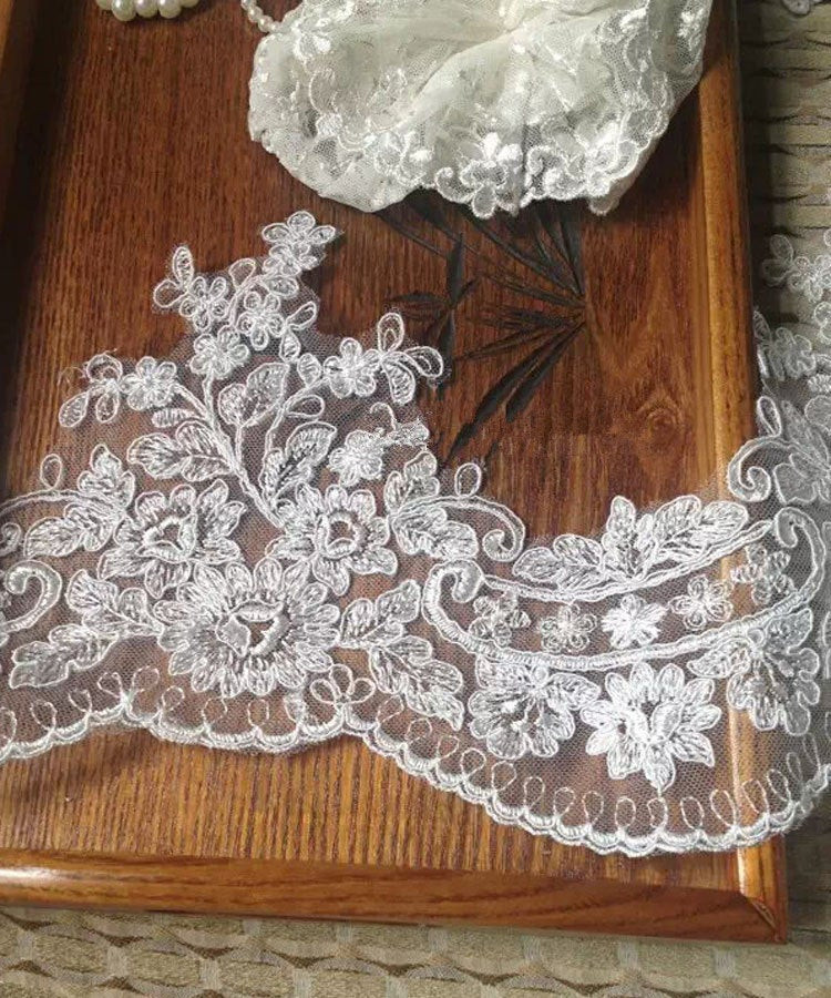 Lace Trim Wedding Veil
 alencon lace fabric trim in ivory tulle bridal wedding veil