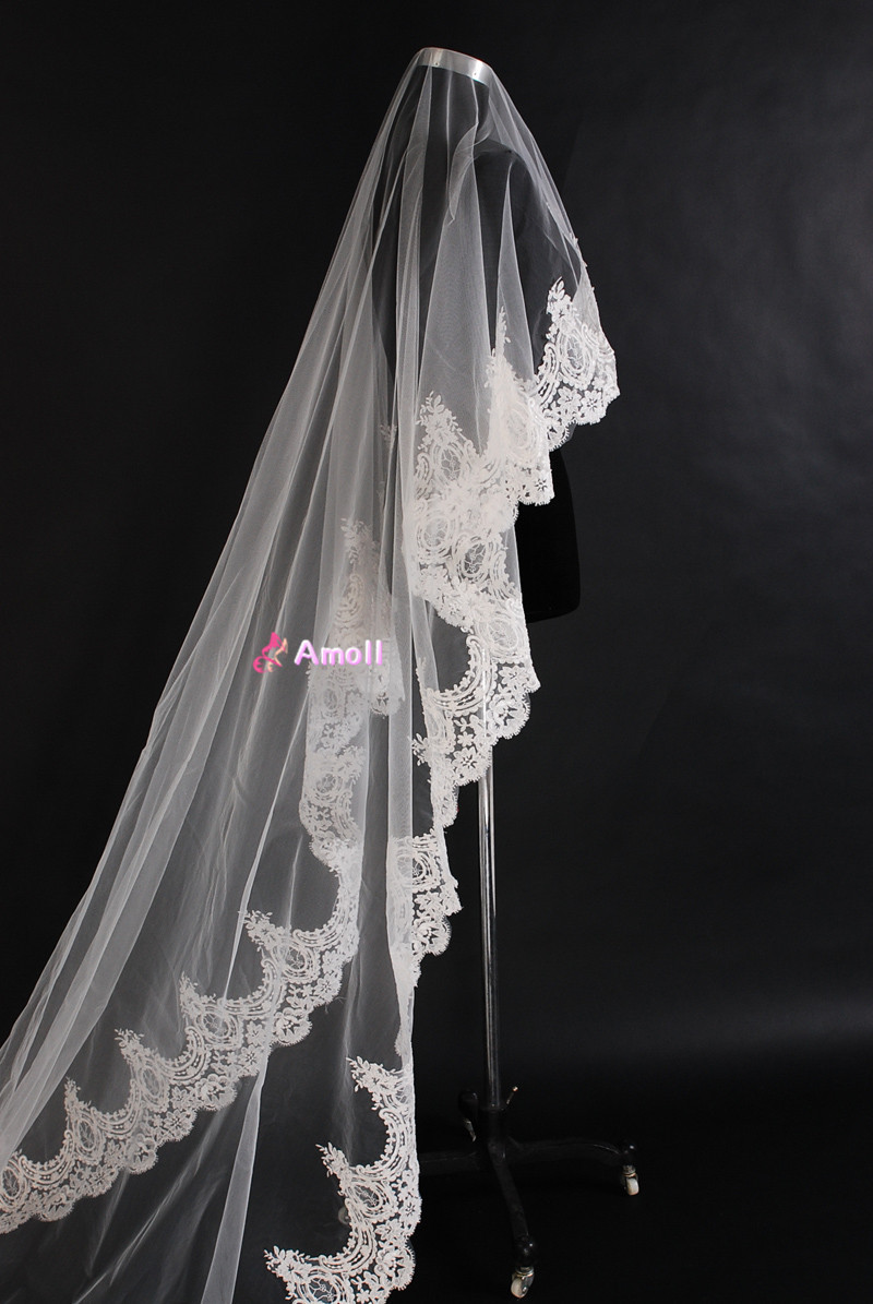 Lace Trim Wedding Veil
 amoll High quality further embroidered lace trim long