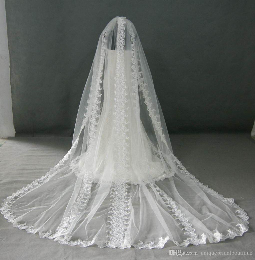 Lace Trim Wedding Veil
 2016 Cathedral Wedding Veils White Lace Trim e Layer