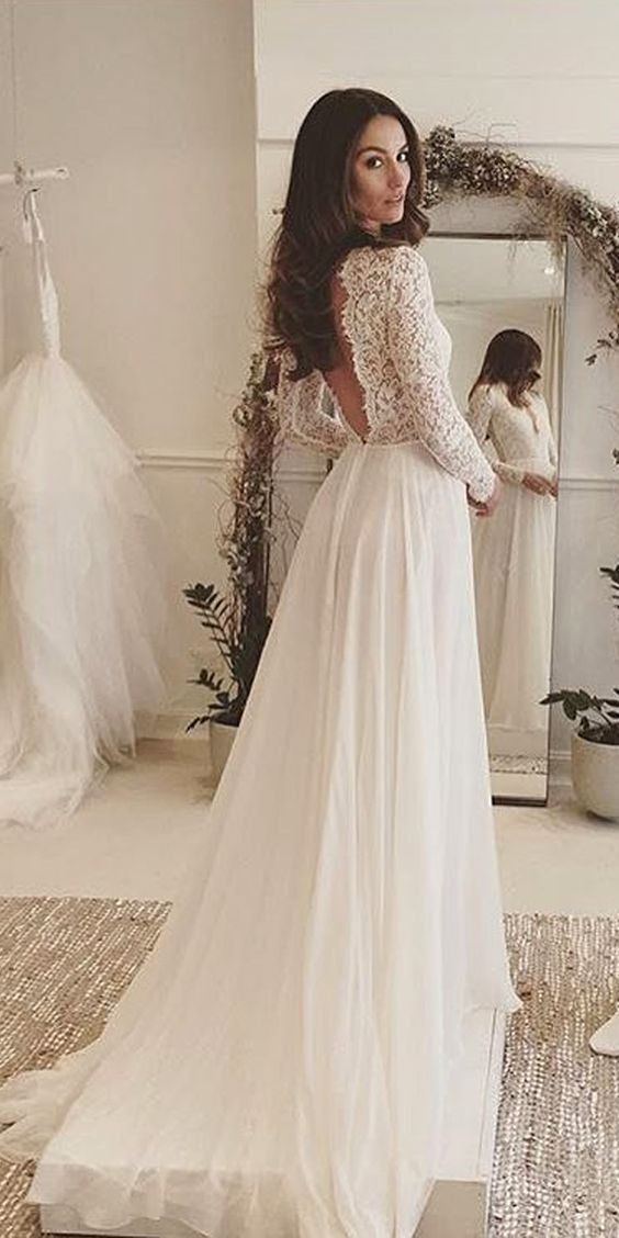 Lace Wedding Dress Pinterest
 Elegant White Lace Long Sleeves V Neck V Back y Wedding