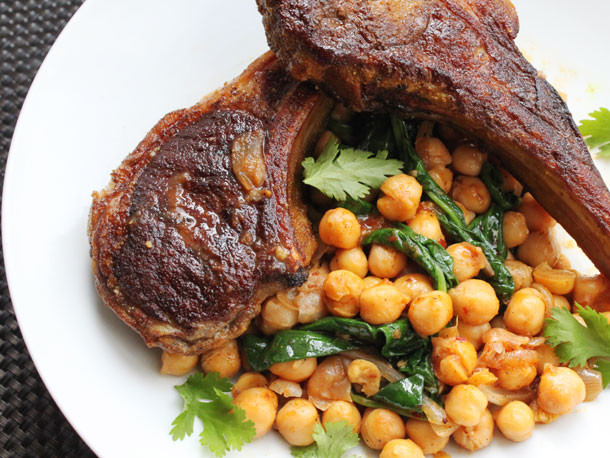Lamb Chop Dinner
 Skillet Suppers Lamb Chops with Harissa Spinach and