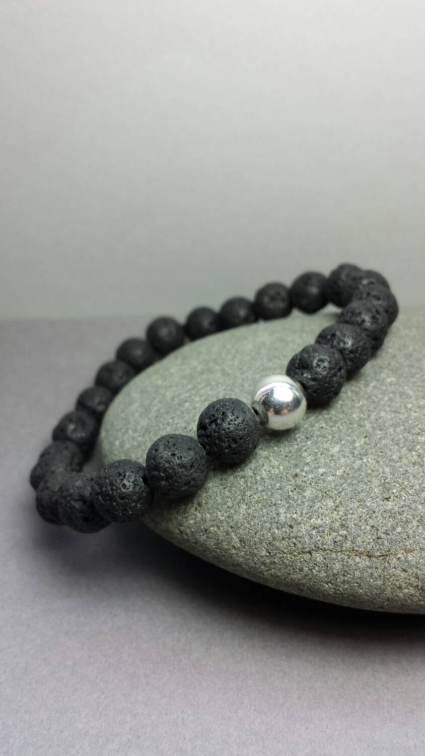 Lava Bead Bracelet
 black lava bead bracelet mens bead bracelet Sterling