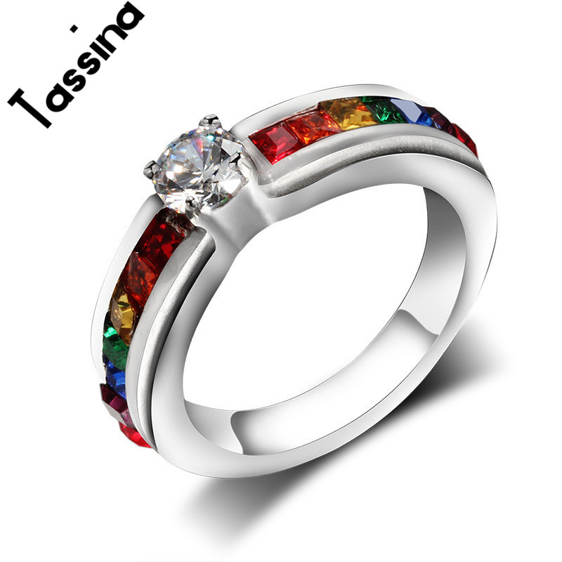 Lgbt Wedding Rings
 Tassina LGBT 316L Stainless Steel Color Crystal Ring